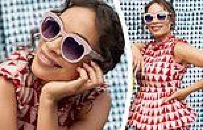 Rosario Dawson is pretty in patterns as she models a number of new sunglasses ...