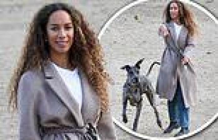 Leona Lewis looks fresh faced as she throws ball for her Great Danes during ...