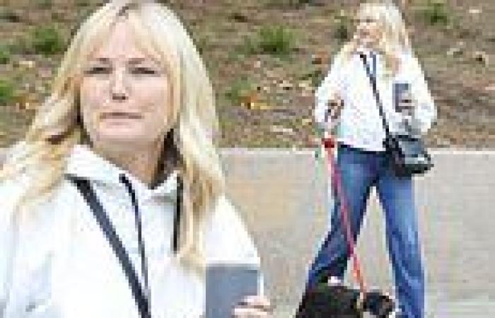 Malin Akerman opts for comfort in a white hoodie and blue jeans while visiting ...