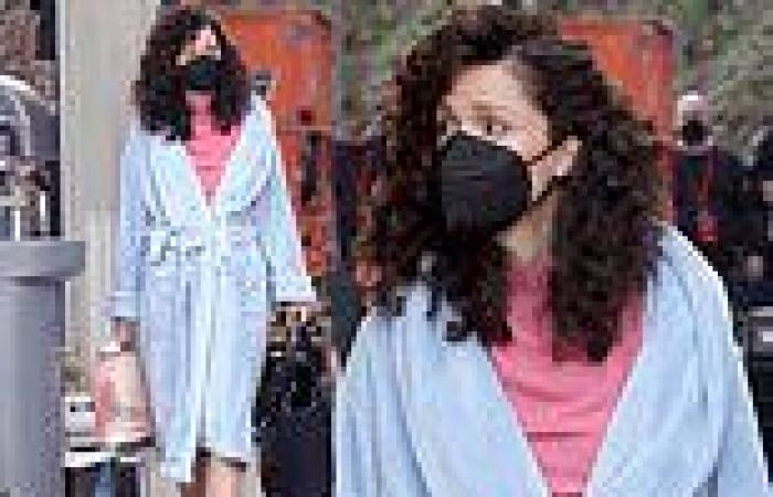 Rose Byrne wears a plush baby blue robe after day of filming season two of ...