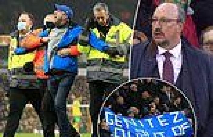 sport news Furious Everton fan storms the pitch at Norwich in protest at Rafa Benitez