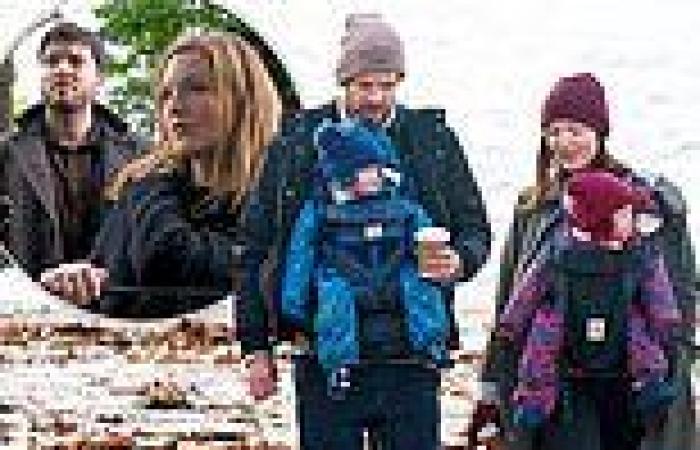 Holliday Grainger, Harry Treadaway and their twins chill out on a Devon beach 