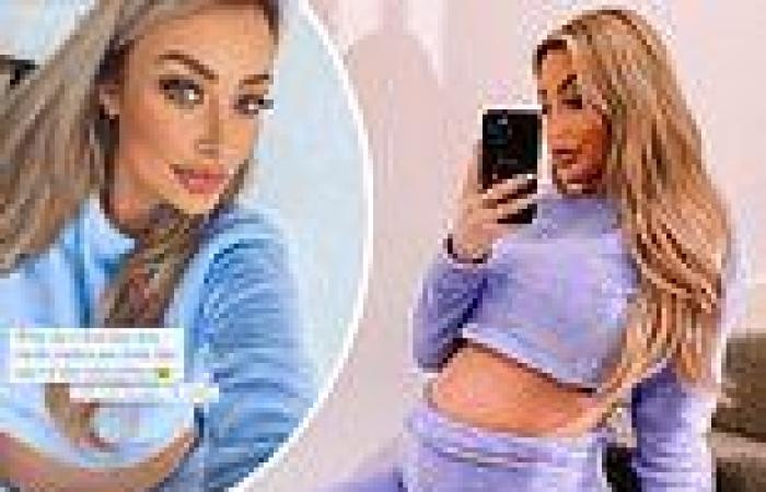 Pregnant Chloe Crowhurst flaunts her growing bump in lilac loungewear