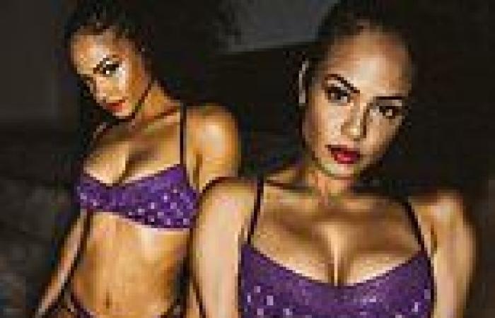 Christina Milian puts on a VERY busty display in a purple bra and matching lace ...