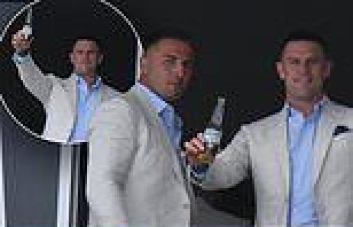 Sam Burgess and brother Luke look dapper in suits as they crack open beers ...
