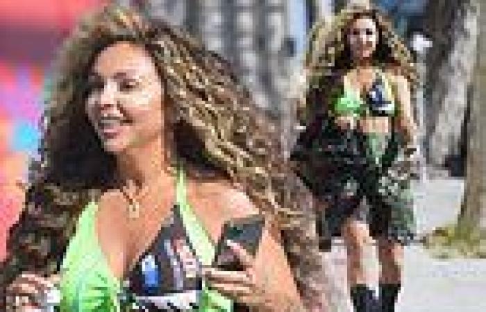 Jesy Nelson puts on a busty display in green crop top and camouflage shorts as ...