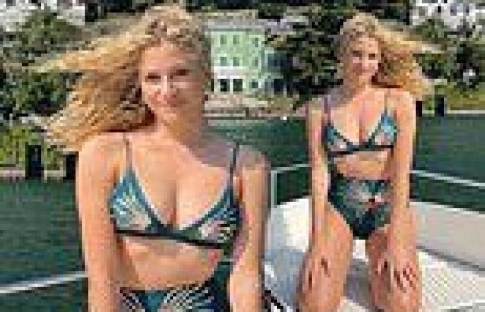Pixie Lott flaunts her enviable figure in a turquoise bikini as she poses up a ...