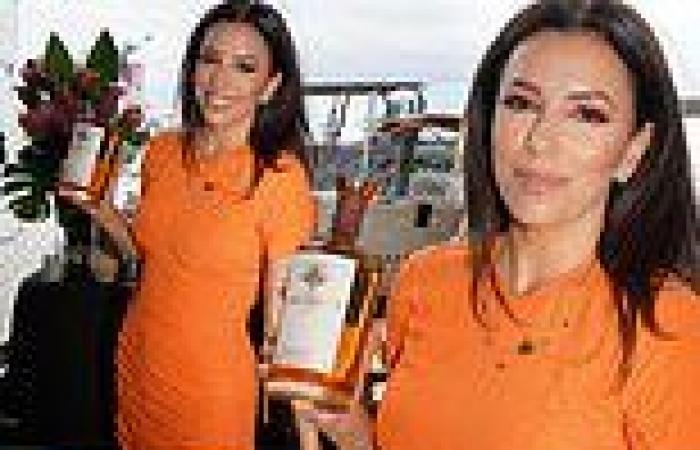 Eva Longoria wows in ruched orange mini dress while promoting her Casa Del Sol ...