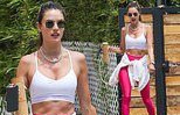 Alessandra Ambrosio shows off her tight abs in a bra top after a workout in Los ...