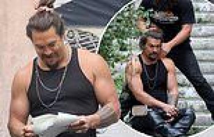 Jason Momoa shows off his bulging muscles in a black vest on the set of Fast & ...