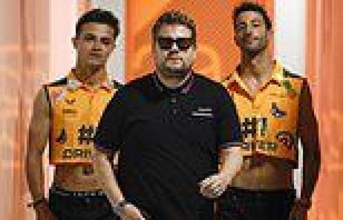 James Corden looks cool as he struts alongside crop top-clad F1 drivers at ...
