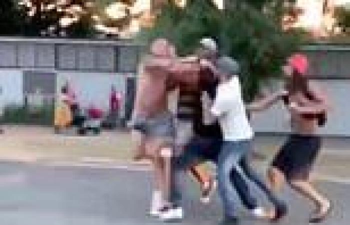 Monday 15 August 2022 04:07 PM Moment topless men brawl in street in front of shocked families and children in ... trends now
