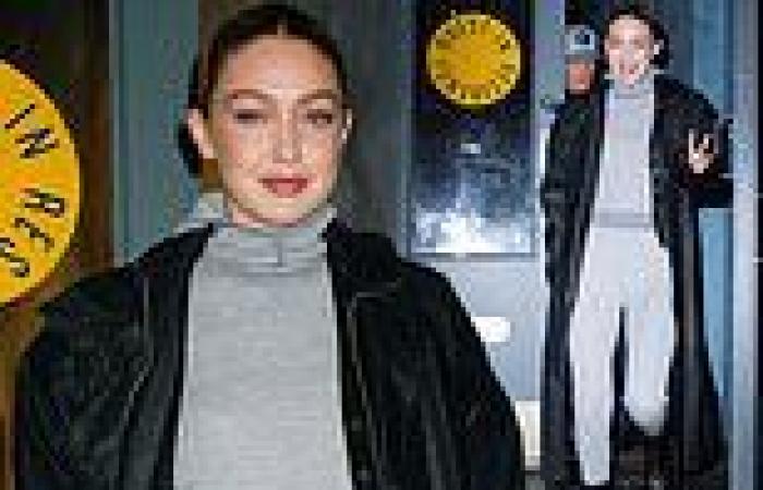 Gigi Hadid rocks her own gray cashmere creation with black duster coat in New ... trends now