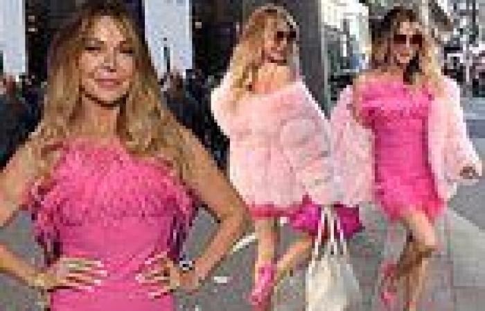 Lizzie Cundy puts on a leggy display in a pink mini dress at the TRIC Christmas ... trends now