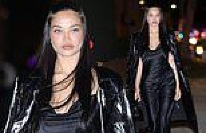 Shanina Shaik is dripping in silk and leather as she attends Revolve Winterland ... trends now