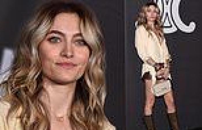 Paris Jackson shows model looks in tan top and brown miniskirt at Celine ... trends now