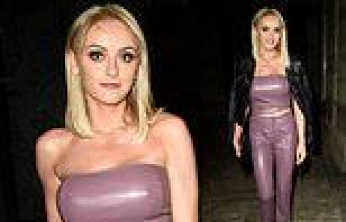 Katie McGlynn flashed her abs in a PVC crop top and matching flared trousers trends now
