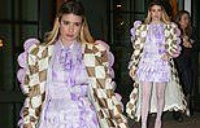 Emma Roberts shows off her sense of style in a lilac mini dress trends now