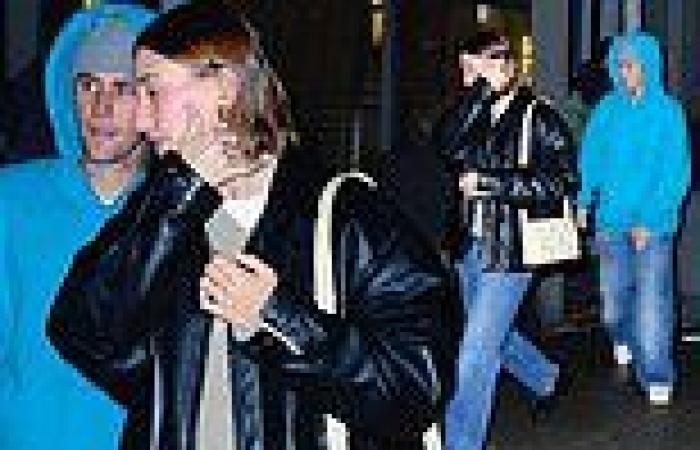 Hailey Bieber dons a black leather jacket as she enjoys date night with ... trends now
