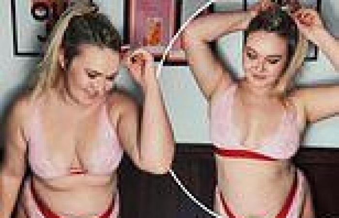 Melissa Suffield exudes confidence slipping into a baby pink lace lingerie set trends now