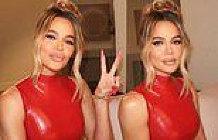 Khloe Kardashian wows in red vinyl crop top and long red nails as she promotes ... trends now