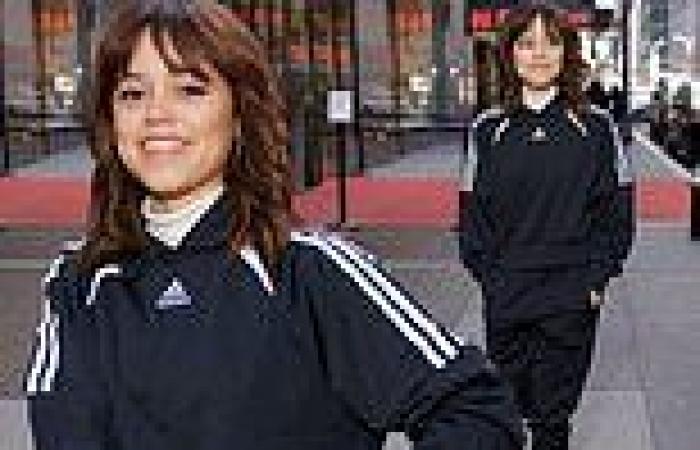 Jenna Ortega looks sporty in an Adidas track suit and sneakers trends now