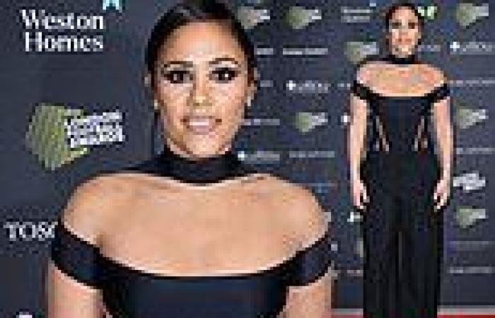 Alex Scott dons a corset-style black top with nude panels at London Football ... trends now