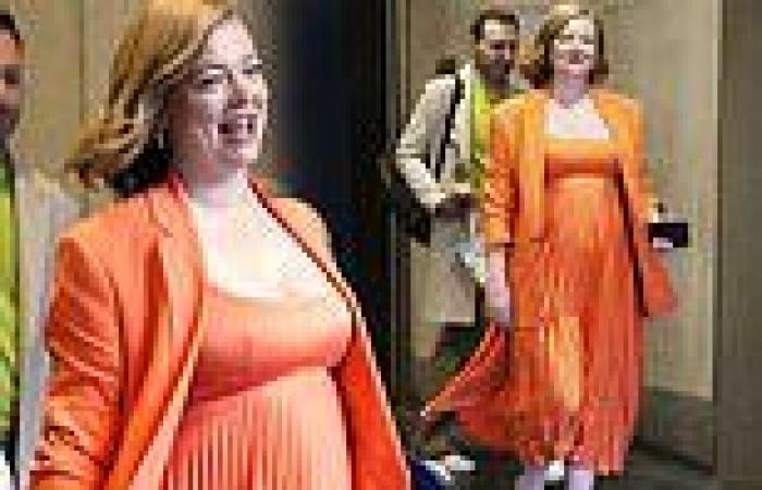 Sarah Snook displays her baby bump in bright orange pleated dress trends now