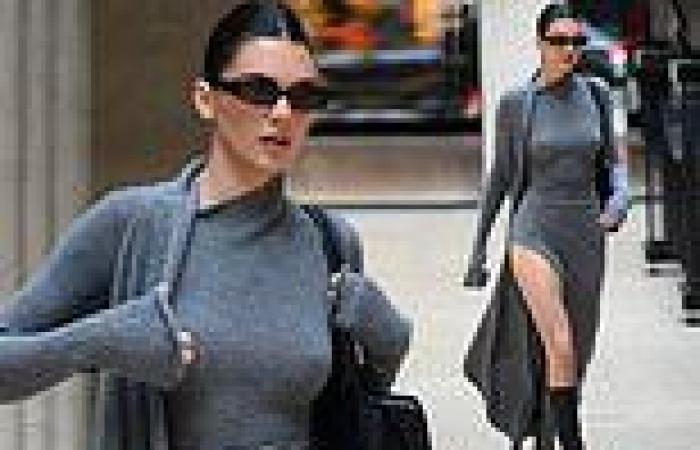 Kendall Jenner flashes her legs in a thigh-split grey dress as she steps out in ... trends now