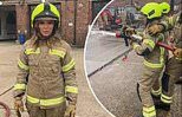 Amanda Holden dresses up as a firefighter and has a turn using the water hose trends now