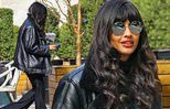 Jameela Jamil showcases her cool style in a black leather jacket as she arrives ... trends now