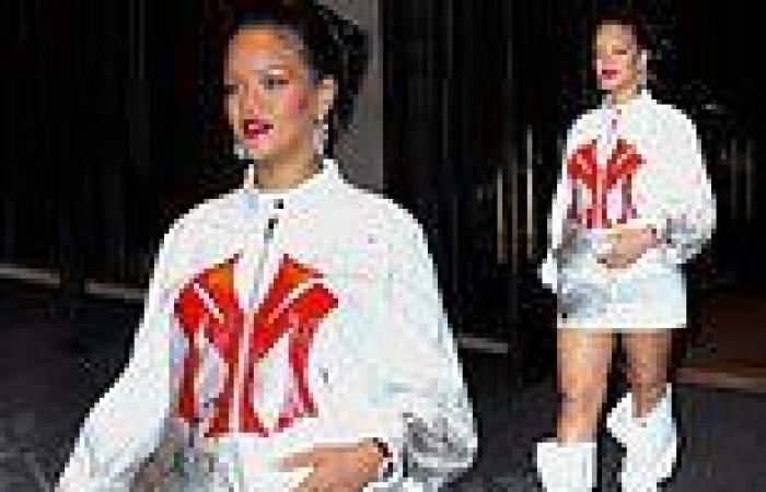 Rihanna looks stunning in a white bomber jacket and distressed miniskirt for ... trends now