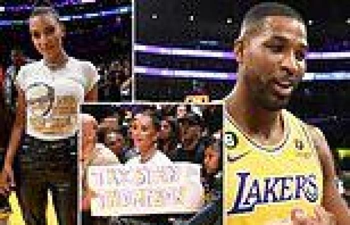 Kim Kardashian holds up a Tristan Thompson sign at LA Lakers game despite his ... trends now