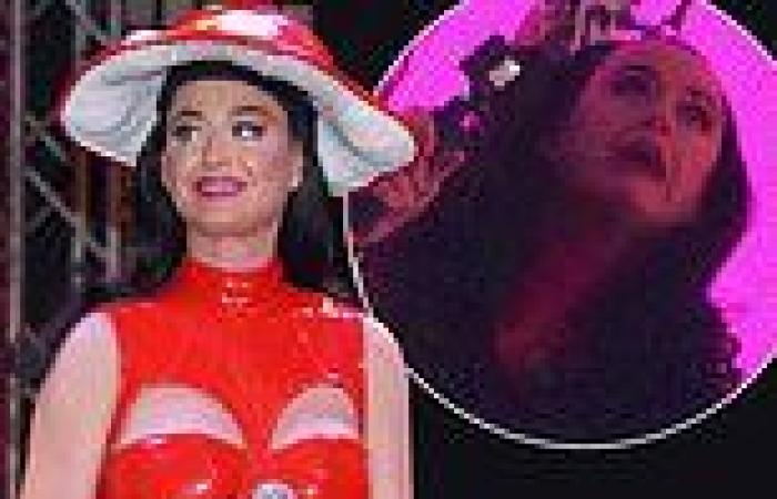 Katy Perry wears a playful mushroom hat and latex outfit in Vegas trends now