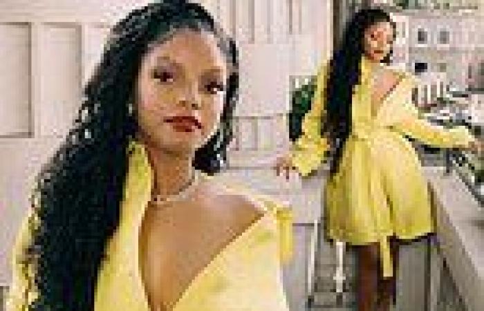 Halle Bailey stuns in low cut yellow Dolce & Gabbana dress as she poses at her ... trends now