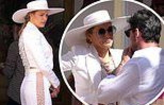 Blake Lively looks elegant in a white suit and pearls as she films scenes ... trends now