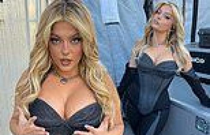 Bebe Rexha puts on a busty display in a denim black corset as she poses for ... trends now