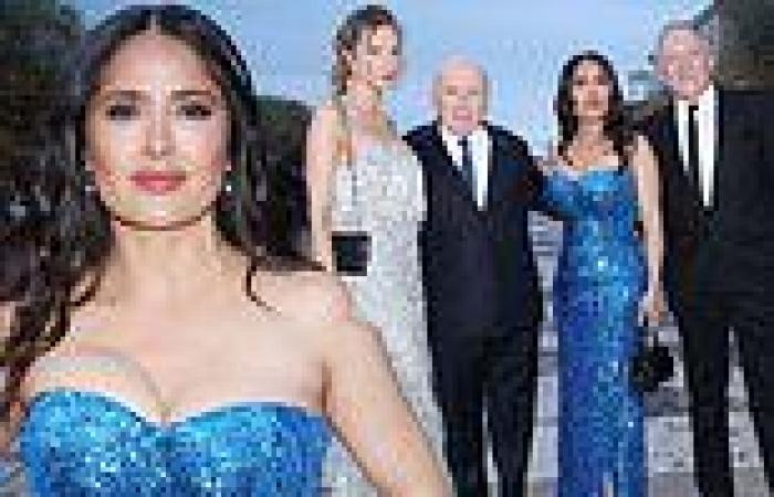 Salma Hayek, 57, puts on a VERY busty display in glittery sea blue dress as she ... trends now
