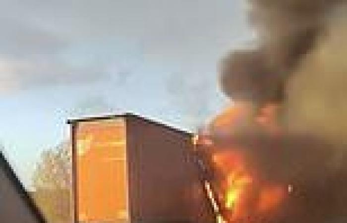Dramatic moment lorry on the M56 is engulfed by flames: HGV is destroyed by ... trends now