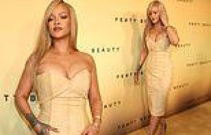 Rihanna puts on a VERY busty display in a sexy sand-coloured dress as she ... trends now