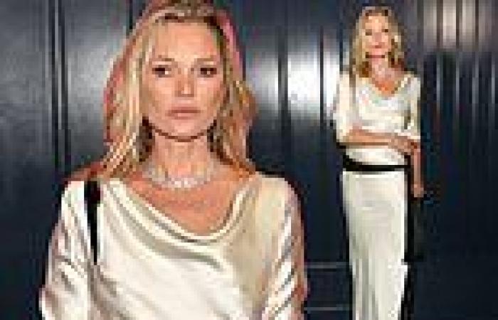 Kate Moss, 50, goes braless in a silky silver gown and black tie belt ...