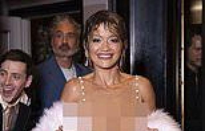 Rita Ora ditches her bra in a VERY revealing sheer feathered gown with a ... trends now
