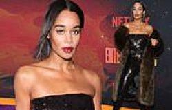 Thursday 29 September 2022 11:05 AM Laura Harrier shins in skin-tight black jumpsuit and furry brown coat at ... trends now