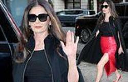 Catherine Zeta-Jones legs her way through NYC in sexy red skirt with thigh-high ... trends now