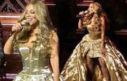 Mariah Carey turns heads in a dramatic gold floor-length gown and diamante ... trends now