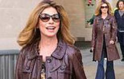 Shania Twain oozes daytime glamour in a brown leather jacket and flared jeans ... trends now