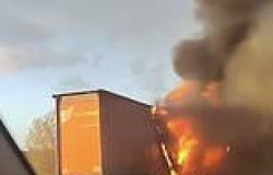 Dramatic moment lorry on the M56 is engulfed by flames: HGV is destroyed by ... trends now