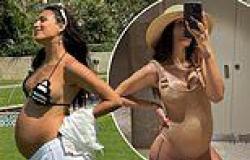 Pregnant Emily Miller shows off her growing bump in a striped bikini top and ... trends now