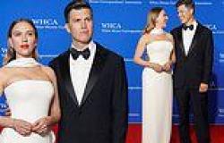 Scarlett Johansson stuns in strapless gown while supporting host husband Colin ... trends now
