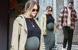 Heavily pregnant Emily Atack dresses her baby bump in a khaki maxi skirt while ... trends now